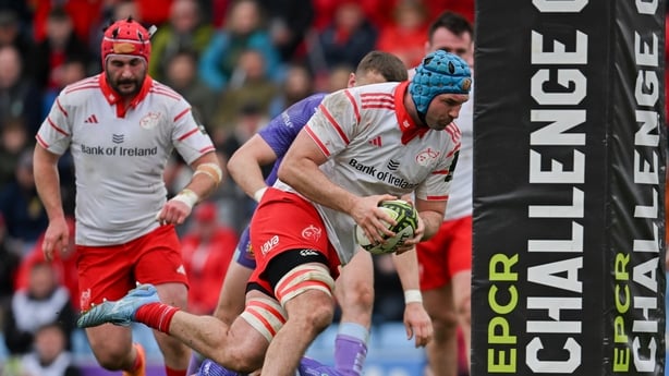 Tadhg Beirne of Munster scoring a try against Exeter Chiefs in Challenge Cup, April 2026