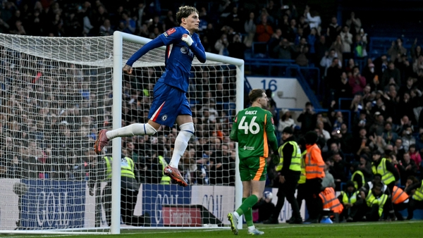 Chelsea's Argentinian midfielder #49 Alejandro Garnacho celebrates scoring the team's seventh goal during the English FA Cup quarter final football match between Chelsea and Port Vale at Stamford Bridge in London on April 4, 2026