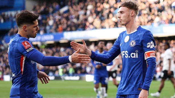 Cole Palmer of Chelsea celebrates their third goal with Pedro Neto of Chelsea during the Emirates FA Cup Quarter Final match between Chelsea and Port Vale on April 4, 2026 in London, England. 