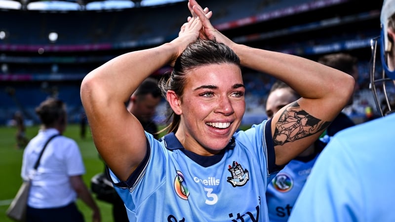 Emma O'Byrne of Dublin celebrates after her side's victory in the Glen Dimplex Senior All-Ireland Championship quarter-final match between Kilkenny and Dublin at Croke Park in Dublin.