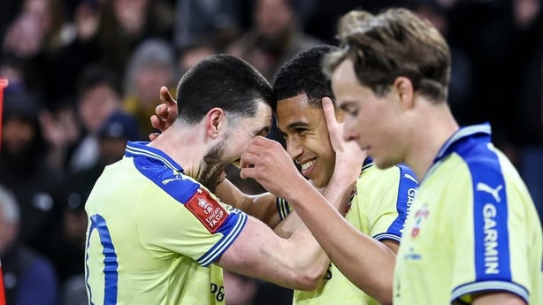 SOUTHAMPTON, ENGLAND - APRIL 04: Shea Charles of Southampton celebrates after he scores a goal to make it 2-1 with team-mate Finn Azaz during the Emirates FA Cup Quarter Final match between Southampton and Arsenal on April 04, 2026 in Southampton, England. (Photo by Robin Jones/Getty Images)