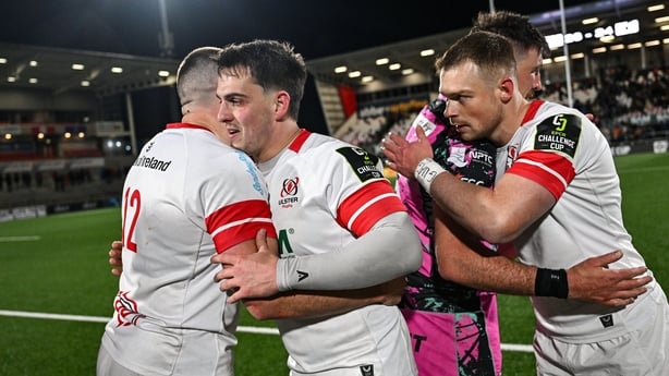 4 April 2026; Ulster players, from left, Stuart McCloskey, James Hume and Zac Ward after the EPCR Challenge Cup match between Ulster and Ospreys at Affidea Stadium in Belfast. Photo by Ramsey Cardy/Sportsfile
