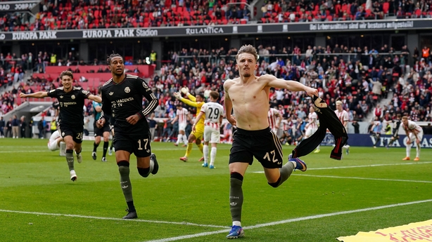 Lennart Karl of FC Bayern Munich celebrates the third team goal during the Bundesliga match between SC Freiburg and FC Bayern München at Europa-Park Stadion on April 04, 2026 in Freiburg im Breisgau, Germany.
