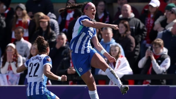 Caitlyn Hayes of Brighton & Hove Albion celebrates scoring her team's second goal during the Adobe Women's FA Cup Quarter Final match between Arsenal and Brighton & Hove Albion at Mangata Pay UK Stadium on April 05, 2026 in Borehamwood, England.