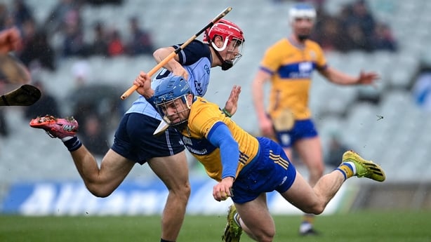 Shane O'Donnell of Clare is tackled by Conor Groarke of Dublin - 2026 Allianz HL Division 1B final