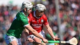 5 April 2026; Tommy O'Connell of Cork in action against Kyle Hayes of Limerick during the Allianz Hurling League Division 1A final match between Limerick and Cork at TUS Gaelic Grounds in Limerick. Photo by Piaras Ó Mídheach/Sportsfile