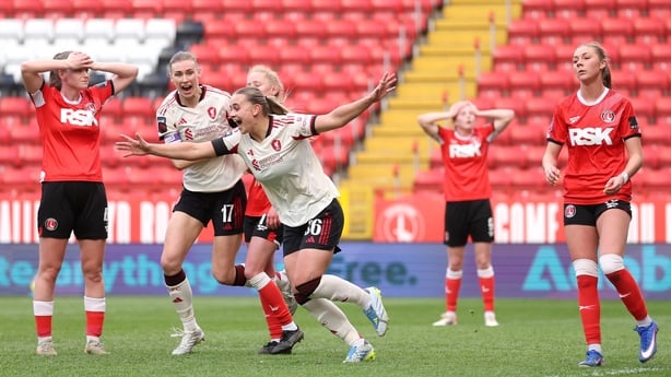 Zara Shaw of Liverpool celebrates scoring her team's first goal during the Adobe Women's FA Cup Quarter Final match between Charlton Atheltic and Liverpool at The Valley on April 05, 2026 in London, England.