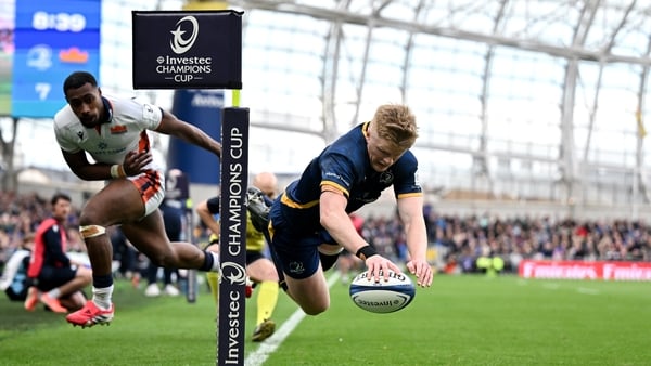 5 April 2026; Tommy O'Brien of Leinster scores his and his side's second try despite the attempted tackle of Malelili Satala during the Investec Champions Cup match between Leinster and Edinburgh at the Aviva Stadium in Dublin. Photo by Brendan Moran/Spor
