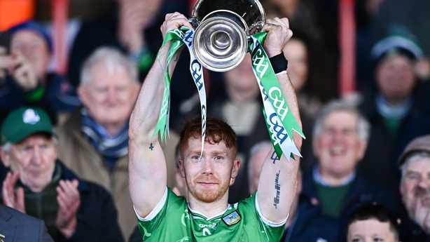 Limerick captain Cian Lynch lifts the cup after the Allianz Hurling League Division 1A final match between Limerick and Cork at TUS Gaelic Grounds in Limerick. 
