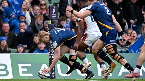 5 April 2026; Tommy O'Brien of Leinster scores his side's first try during the Investec Champions Cup match between Leinster and Edinburgh at the Aviva Stadium in Dublin. Photo by Ramsey Cardy/Sportsfile