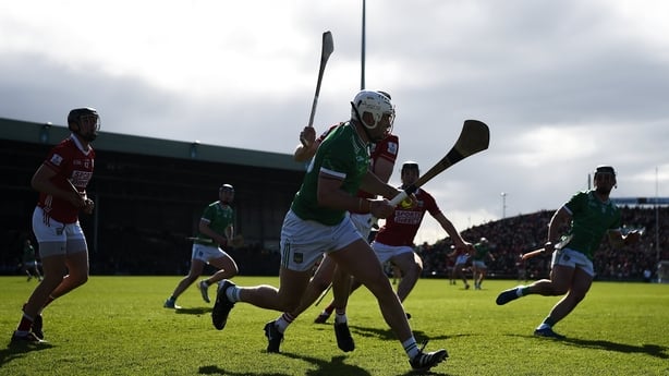 5 April 2026; Aaron Gillane of Limerick in action against Robert Downey of Cork during the Allianz Hurling League Division 1A final match between Limerick and Cork at TUS Gaelic Grounds in Limerick. Photo by John Sheridan/Sportsfile