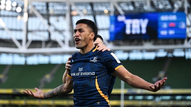 5 April 2026; Rieko Ioane of Leinster celebrates after scoring his side's seventh try during the Investec Champions Cup match between Leinster and Edinburgh at the Aviva Stadium in Dublin. Photo by Brendan Moran/Sportsfile