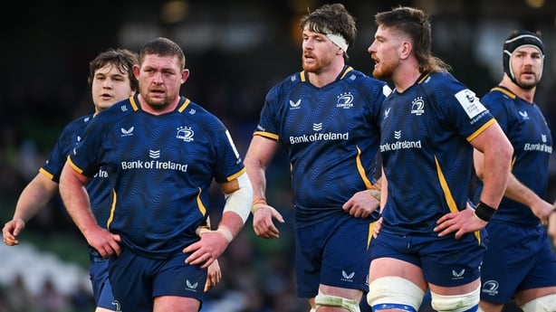5 April 2026; Leinster forwards, from left, Alex Usanov, Tadhg Furlong, Ryan Baird, Joe McCarthy and Caelan Doris during the Investec Champions Cup match between Leinster and Edinburgh at the Aviva Stadium in Dublin. Photo by Ramsey Cardy/Sportsfile