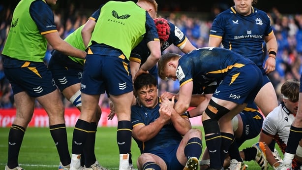 5 April 2026; Thomas Clarkson of Leinster, centre, is congratulated by teammates after scoring his side's sixth try during the Investec Champions Cup match between Leinster and Edinburgh at the Aviva Stadium in Dublin. Photo by Brendan Moran/Sportsfile