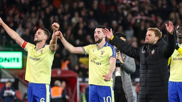 Taylor Harwood-Bellis, Finn Azaz and Léo Scienza of Southampton after their sides 2-1 win during the Emirates FA Cup Quarter Final match between Southampton and Arsenal on April 04, 2026