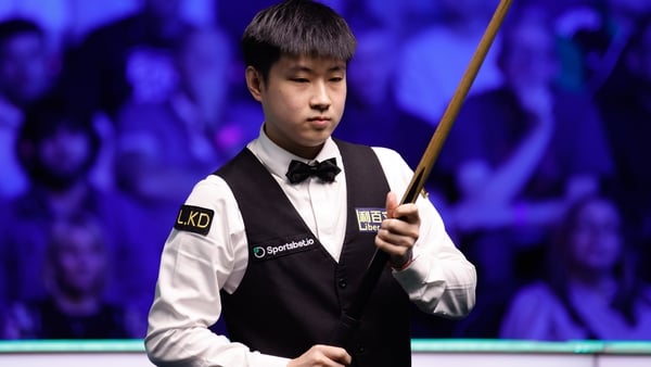 MANCHESTER, ENGLAND - APRIL 04: Zhao Xintong of China reacts in the Semifinal match against John Higgins of Scotland on day 6 of Sportsbet.io Tour Championship 2026 at the Manchester Central on April 4, 2026 in Manchester, England. (Photo by Tai Chengzhe/