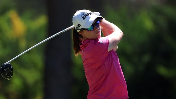Leona Maguire of Ireland plays her shot from the third tee during the final round of the Aramco Championship 2026 at Shadow Creek Golf Course on April 05, 2026 in Las Vegas, Nevada.