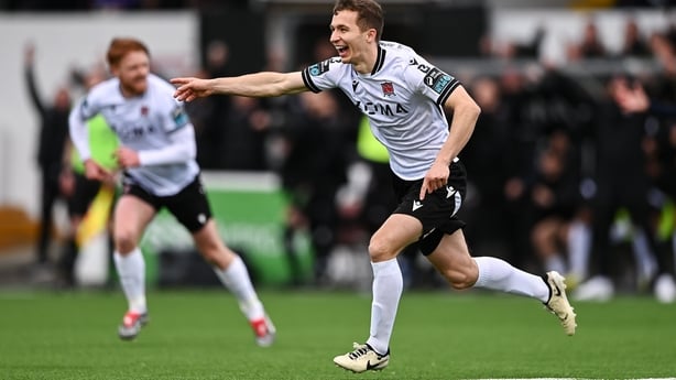 6 April 2026; Tyreke Wilson of Dundalk celebrates after scoring his side's first goal during the SSE Airtricity Men's Premier Division match between Dundalk and St Patrick's Athletic at Oriel Park in Dundalk, Louth. Photo by Ben McShane/Sportsfile