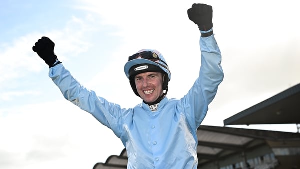 6 April 2026; Jockey Donagh Meyler celebrates after winning the BOYLE Sports Irish Grand National Steeplechase on Soldier In Milan during day three of the Fairyhouse Easter Festival at Fairyhouse Racecourse in Ratoath, Meath. Photo by Seb Daly/Sportsfile
