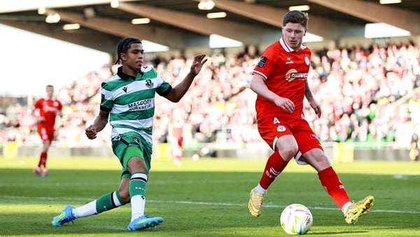 6 April 2026; Kameron Ledwidge of Shelbourne in action against Victor Ozhianvuna of Shamrock Rovers during the SSE Airtricity Men's Premier Division match between Shamrock Rovers and Shelbourne at Tallaght Stadium in Dublin. Photo by Thomas Flinkow/Sports