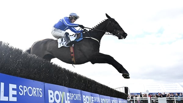 6 April 2026; Energumene, with Paul Townend up, jumps the last on their way to winning the Underwriting Exchange Fairyhouse Steeplechase during day three of the Fairyhouse Easter Festival at Fairyhouse Racecourse in Ratoath, Meath. Photo by Seb Daly/Sport