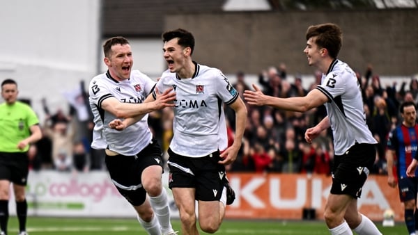 6 April 2026; Shane Tracey of Dundalk celebrates with teammates Bobby Burns, left, and Eoin Kenny after scoring their side's second goal during the SSE Airtricity Men's Premier Division match between Dundalk and St Patrick's Athletic at Oriel Park in Dund