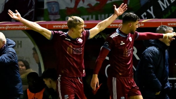 16 March 2026; Kris Twardek of Galway United, cente, celebrates scoring his side's first goal during the SSE Airtricity Men's Premier Division match between Galway United and Waterford at Eamonn Deacy Park in Galway. Photo by Piaras Ó Mídheach/Sportsfile