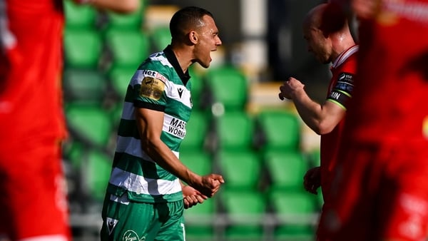 Dublin , Ireland - 6 April 2026; Graham Burke of Shamrock Rovers reacts after a missed chance during the SSE Airtricity Men's Premier Division match between Shamrock Rovers and Shelbourne at Tallaght Stadium in Dublin. (Photo By Piaras Ó Mídheach/Sportsfi