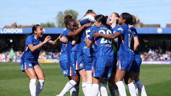 KINGSTON UPON THAMES, ENGLAND - APRIL 06: Veerle Buurman of Chelsea celebrates scoring her team's second goal with teammates during the Adobe Women's FA Cup Quarter Final match between Chelsea and Tottenham Hotspur at Kingsmeadow on April 06, 2026 in King