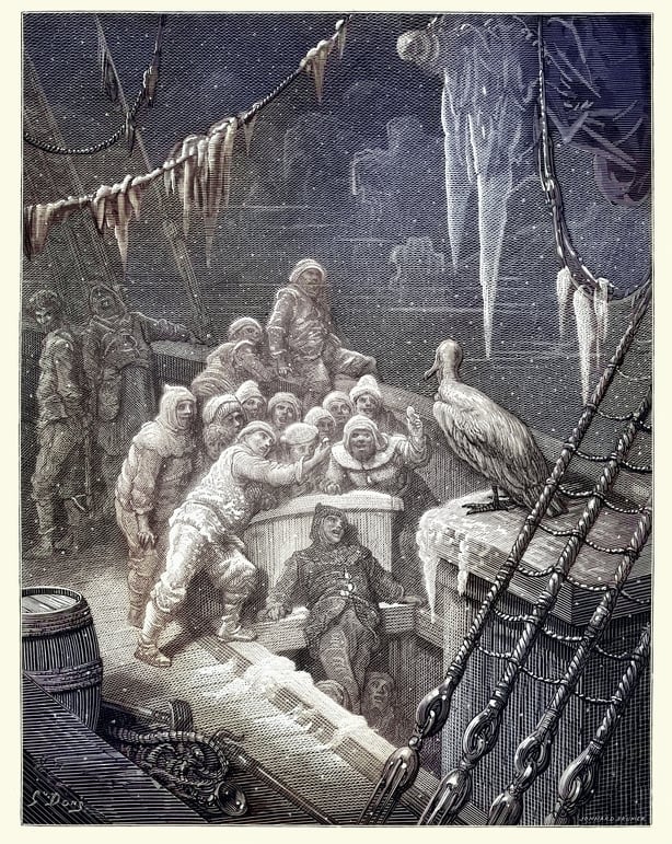 Vintage engraving by Gustave Dore of a scene from the Rime of the Ancient Mariner, It ate the food it ne'er had eat. The Rime of the Ancient Mariner is the longest major poem by the English poet Samuel Taylor Coleridge. It relates the experiences of a sailor who has returned from a long sea voyage. 