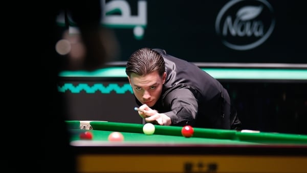 JEDDAH, SAUDI ARABIA - AUGUST 08: Leone Crowley of Ireland plays a shot in the first round match against Ziyad Alqabbani of Saudi Arabia on day 1 of the Saudi Arabia Masters 2025 at Green Halls on August 8, 2025 in Jeddah, Saudi Arabia. (Photo by Tai Chen