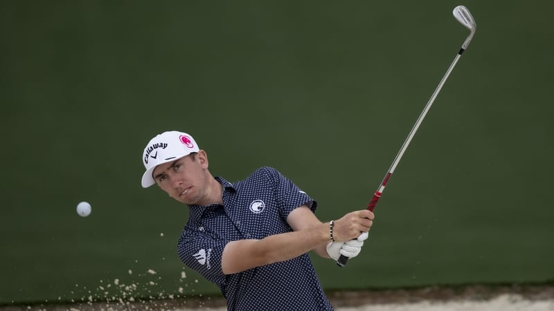 Tom McKibbin of Northern Ireland plays a stroke from a bunker on the No. 2 hole during a practice round prior to the Masters at Augusta National Golf Club