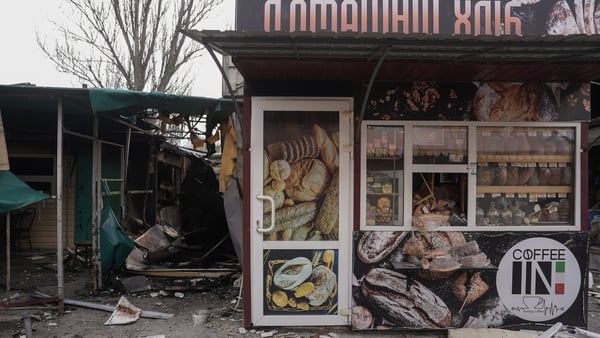 Debris at a market hit by a Russian drone strike on April 4, 2026 in Nikopol