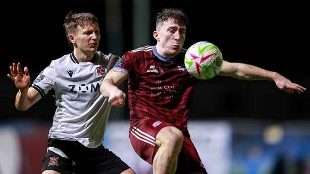 Edward McCarthy of Galway United in action against John Ross Wilson of Dundalk during the SSE Airtricity Men's Premier Division match between Galway United and Dundalk at Eamonn Deacy Park in Galway.