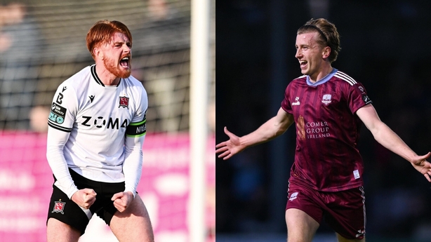 (Left) Aodh Dervin of Dundalk celebrates at the final whistle of the SSE Airtricity Men's Premier Division match between Dundalk and St Patrick's Athletic at Oriel Park in Dundalk, Louth. (Right) David Hurley of Galway United celebrates after scoring his side's first goal during the SSE Airtricity M