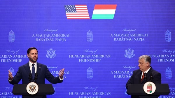 U.S. Vice President JD Vance (L) and Hungarian Prime Minister Viktor Orban (R) hold a joint press conference