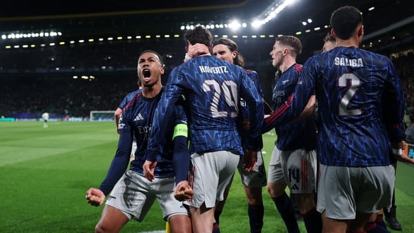Gabriel celebrates with Arsenal team-mates after Kai Havertz's late winner against Sporting