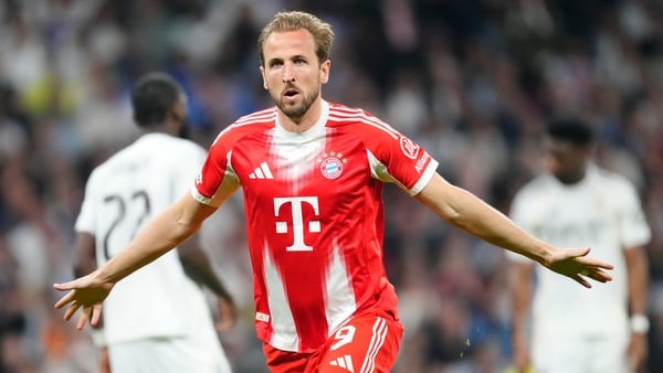 Bayern Munich striker Harry Kane celebrates his goal against Real Madrid