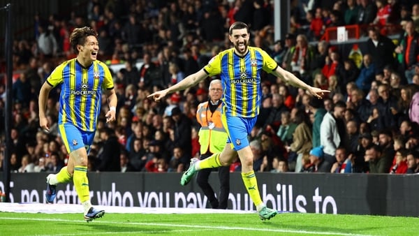 WREXHAM, WALES - APRIL 07: Finn Azaz of Southampton celebrates after scoring his team's fifth goal (1-5) during the Sky Bet Championship match between Wrexham AFC and Southampton at Racecourse Ground on April 07, 2026 in Wrexham, Wales. (Photo by Matt Wat