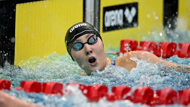 14 April 2025; Grace Davison of Ards reacts after winning the women's 100m freestyle final during day three of the Irish Open Swimming Championships at the National Aquatic Centre on the Sport Ireland Campus in Dublin. Photo by Ramsey Cardy/Sportsfile