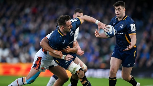5 April 2026; Jack Conan of Leinster offloads to teammate Harry Byrne during the Investec Champions Cup match between Leinster and Edinburgh at the Aviva Stadium in Dublin. Photo by Brendan Moran/Sportsfile