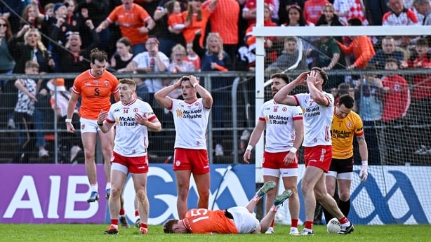 26 April 2025; Tyrone players react after a last minute free is awarded against their side during the Ulster GAA Football Senior Championship semi-final match between Armagh and Tyrone at St Tiernach's Park in Clones, Monaghan. Photo by Seb Daly/Sportsfile