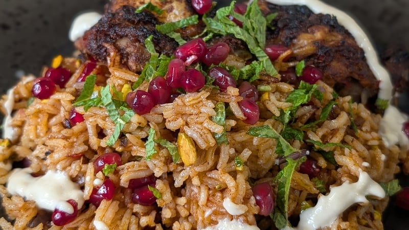 Eunice Power's baharat and rose harissa chicken with spiced rice and tahini