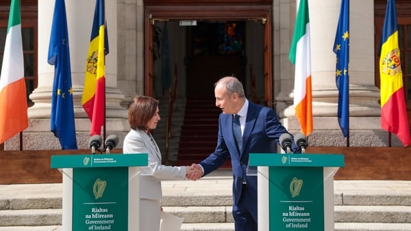 Taoiseach Micheál Martin meeting President Sandu of Moldova at Government Buildings earlier today, Wednesday 8 April 2026.