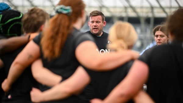 7 April 2026; Scrum coach Denis Fogarty, centre, speaks to players during an Ireland Women's Rugby squad training session at the IRFU High Performance Centre in Dublin. Photo by Shauna Clinton/Sportsfile