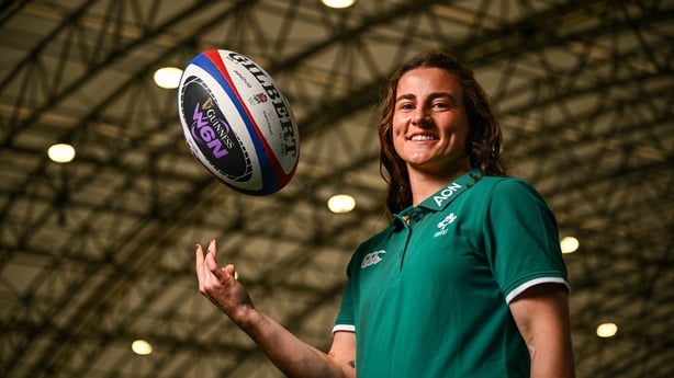8 April 2026; Emily Lane during an Ireland Women's Rugby media conference at the IRFU High Performance Centre in Dublin. Photo by Shauna Clinton/Sportsfile