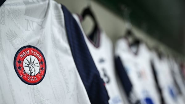 New York jerseys are seen hanging in the dressing room before the Connacht GAA Football Senior Championship quarter-final match between New York and Galway at Gaelic Park in New York, USA.
