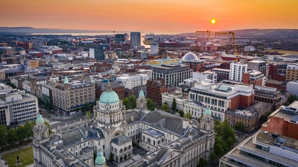 Sunrise Aerial over the City Hall Belfast, Northern Ireland