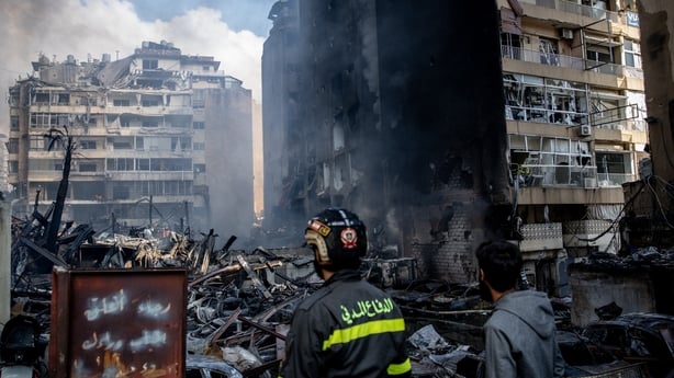 A building burns after an Israeli airstrike in Beirut, Lebanon