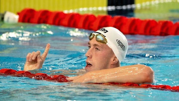 Daniel Wiffen of Ireland celebrates after winning the Men's 1500m Freestyle final during day three of the European Short Course Swimming Championships at Lublin in Poland.
